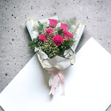 Hot Pink Rose Delight, Hot Pink Roses, Limonium, Ruscus, White Wrapping